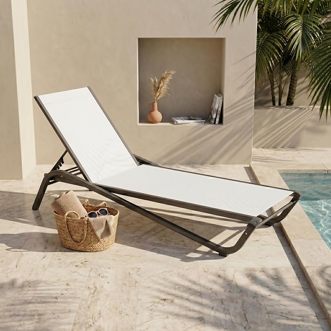 Adjustable Patio Chaise Lounge Chair, Outdoor Pool Lounger for Sunbathing & Tanning, All-Weather Textilene Sun Bed for Beach, Porch & Deck, Rust-Proof Aluminum Frame, White