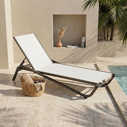 Adjustable Patio Chaise Lounge Chair, Outdoor Pool Lounger for Sunbathing & Tanning, All-Weather Textilene Sun Bed for Beach, Porch & Deck, Rust-Proof Aluminum Frame, White