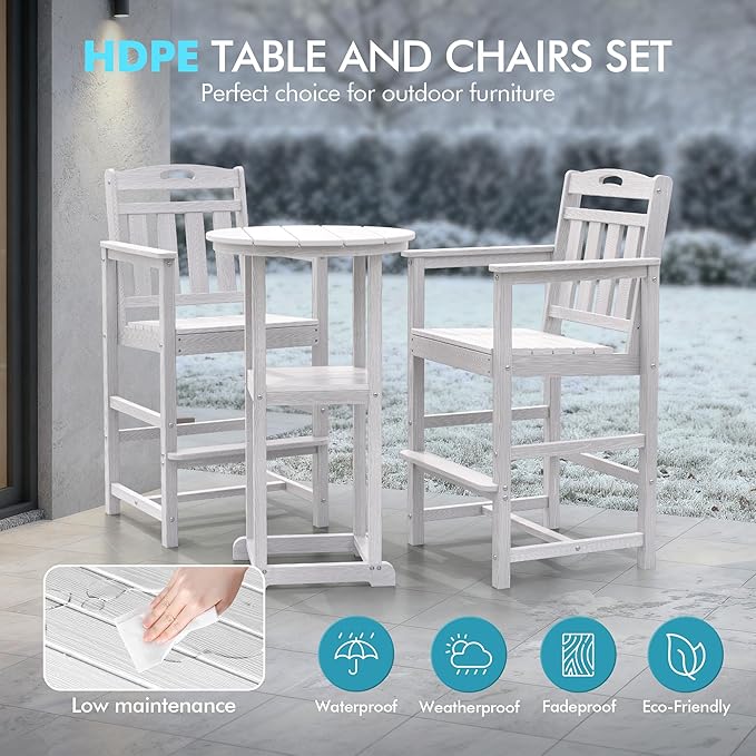 Ciokea Balcony Chairs and Table 3 Pieces Set, Outdoor High Top Bar Set, HDPE Oversized Adirondack Bar Chairs Set of 2 and Round Table for Outside Dining Bistro Poolside Backyard,