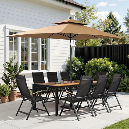 Crestlive Products Folding Patio Chairs Set of 2, 8-Level Adjustable Outdoor Recliner Chairs with Teak Armrest Aluminium Frame for Pool, Backyard, Black
