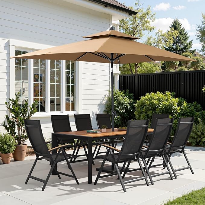 Crestlive Products Folding Patio Chairs Set of 4, 8-Level Adjustable Outdoor Recliner Chairs with Teak Armrest Aluminium Frame for Pool, Backyard, Black