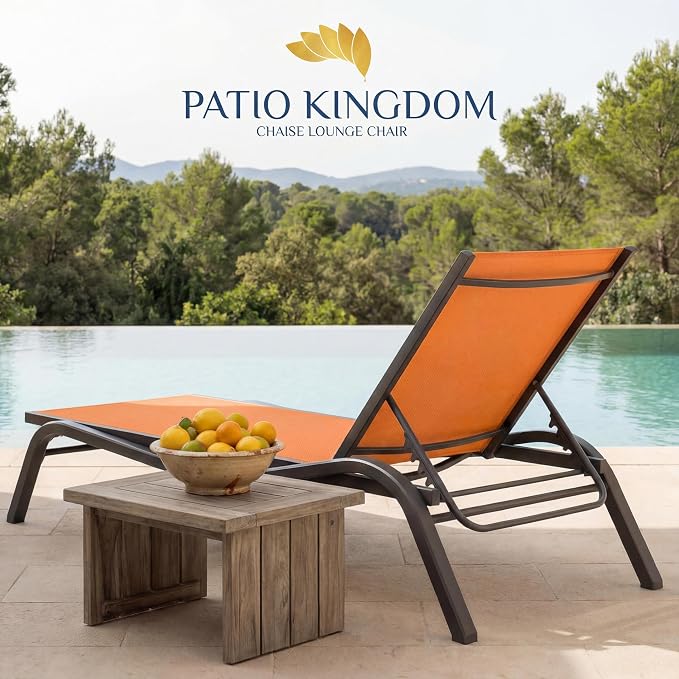 Patio Chaise Lounge Chairs Set of 4, All-Weather Aluminum Pool Loungers for Outside, 5-Position Adjustable Sunbathing Chairs for Tanning, Stackable for Backyard, Poolside, Solar Orange