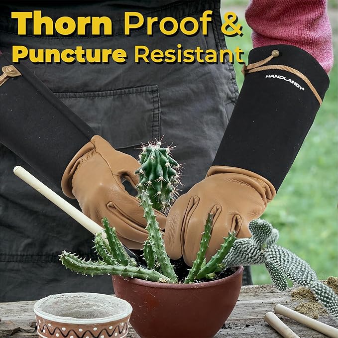 HANDLANDY Long Gardening Gloves for Men & Women, Cowhide Leather Rose Pruning Gloves, Breathable Thorn Proof Gauntlet Glove (Brown-Cowhide, S)