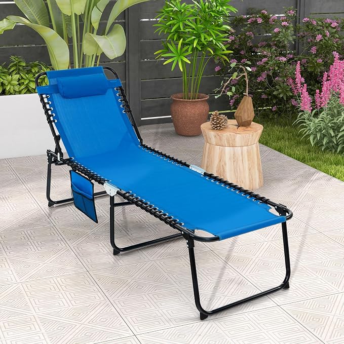 Goplus Chaise Lounge Chair, Outdoor Folding 5-Postion Beach Lounge Chair with Detachable Pillow, Side Pocket, Adjustable Tanning Chair for Patio Lawn Pool Yard