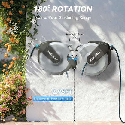 Relhost Retractable Garden Hose Reel, 5/8 in x 65 ft Wall Mount Heavy Duty Hose Reel with Any-Length Lock, Auto Rewind System, 180° Swivel Bracket, and 10-Pattern Nozzle for Garden, White & Grey