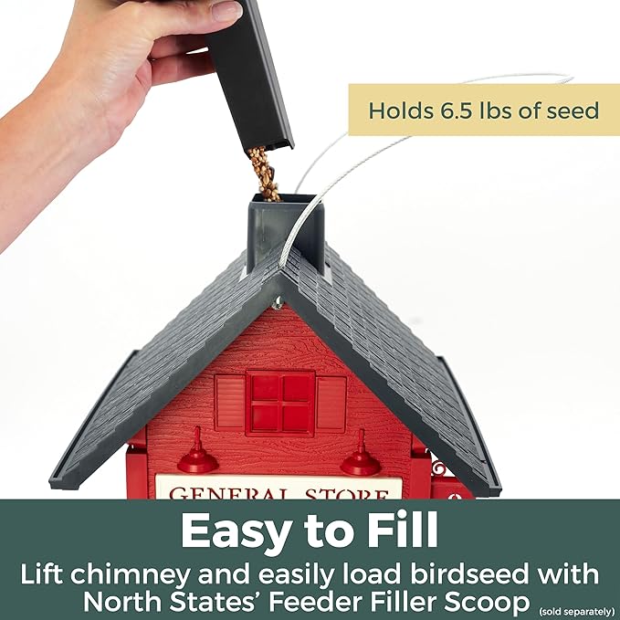 North States Village Collection - Red General Store Bird Feeder: Hanging Bird Feeder for Outdoors, Holds 6.5 Pounds of Seed