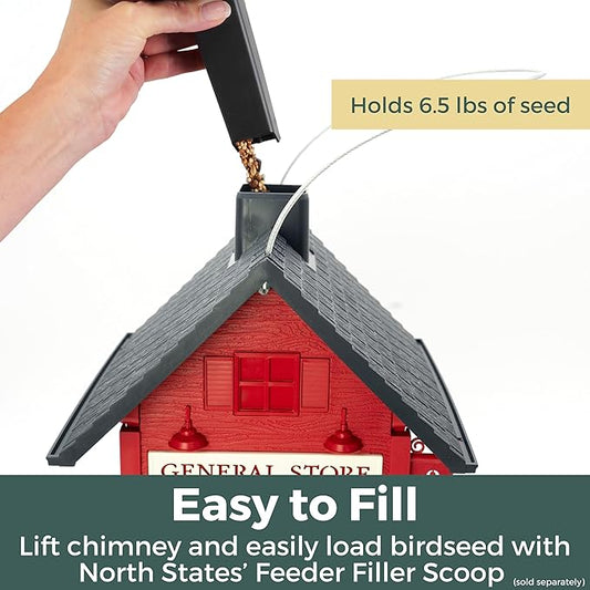 North States Village Collection - Red General Store Bird Feeder: Hanging Bird Feeder for Outdoors, Holds 6.5 Pounds of Seed