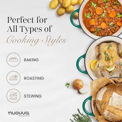 Nuovva Enamelled Cast Iron Dutch Oven Pot with Lid-6.4 Quart Non Stick Casserole Pot-Heavy Duty & Oven Safe up to 500° F for Bread Baking, Braising, Stews, Roasting - 28cm Dark Green
