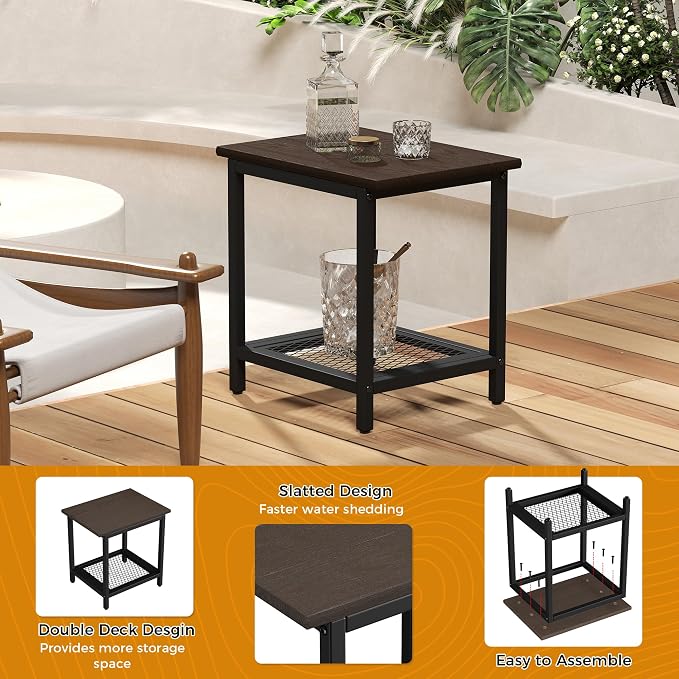2-Tier Outdoor Side Table with Storage, Weather Resistant Patio End Table, HDPS Small Accent Table for Deck, Garden, Pool, Backyard, Brown 2pcs