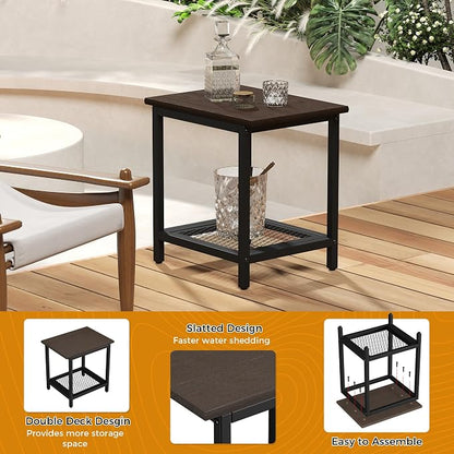 2-Tier Outdoor Side Table with Storage, Weather Resistant Patio End Table, HDPS Small Accent Table for Deck, Garden, Pool, Backyard, Brown 2pcs