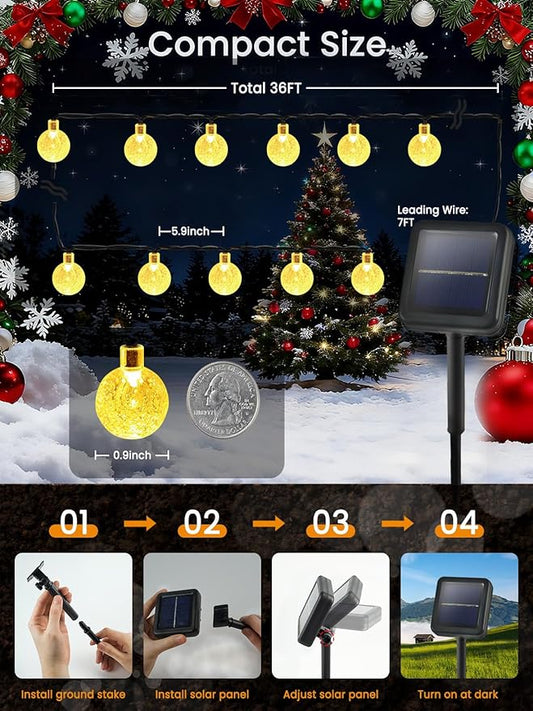 2-Pack 72FT 120 LED Crystal Globe Solar Christmas String Lights Outdoor, Waterproof Solar Lights for Outside, 8 Lighting Modes Christmas Decorations for Xmas Garden Yard Wedding Party(Warm White)