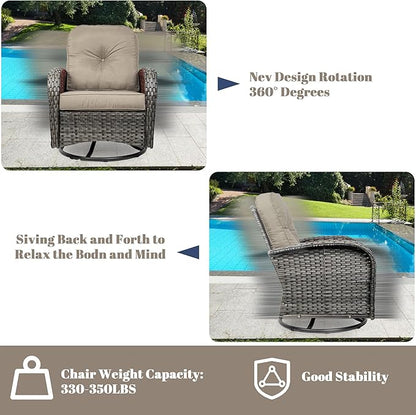 5 Piece Outdoor Patio Furniture Set,Wicker Patio Conversation Set with Swivel Glider Chairs,Wicker Rocking Swivel Chairs Set with Ottomans/Side Coffee Table for Backyard,Deck,Balcony,Khaki