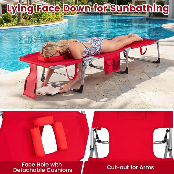 Goplus Tanning Chair, Folding Adjustable Patio Lounger w/Face Arm Holes, 4-Position, 330 LBS, Removable Cushion,Carry Strap, Outdoor Sunbathing Chair, Lightweight Portable Beach Lounge Chair (2, Red)