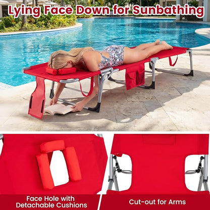 Goplus Tanning Chair, Folding Adjustable Patio Lounger w/Face Arm Holes, 4-Position, 330 LBS, Removable Cushion,Carry Strap, Outdoor Sunbathing Chair, Lightweight Portable Beach Lounge Chair (2, Red)