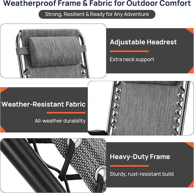 Alpen Outdoor Chaise Lounge Chairs Set of 2, Adjustable Zero Gravity Chair, Foldable Patio Chairs with Reclining Design & Breathable Mesh for Lawn Beach Camping, Grey