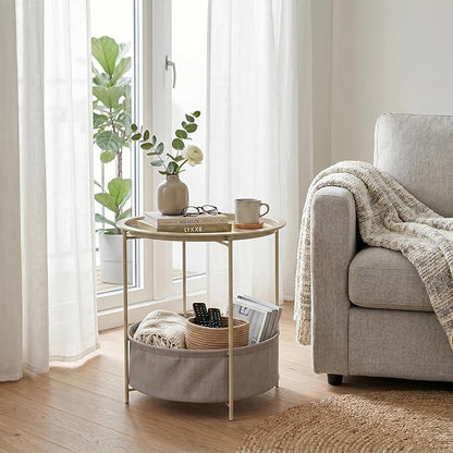 VECELO Round Side/End Table with Fabric Storage Basket，Metal Anti-Rust and Waterproof Small Bedside Nightstand with Removable Tray Top for Living Room，Balcony & Laundry，Grey /1pcs with Basket