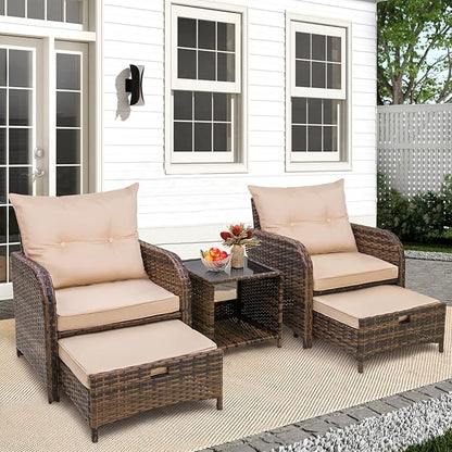 5 Pieces Patio Chairs Set with Ottomans, All Weather PE Rattan, Outdoor Conversation Furniture with Table, Beige