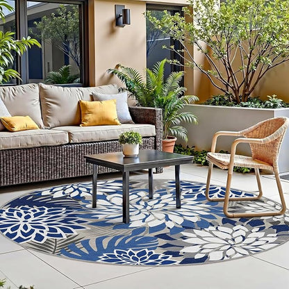 6x6 Outdoor Area Rug Washable Multicolored Patio Rug Tropical Botanical Floral Chenille Waterproof Outdoor Carpet Non-Slip for Patio, Deck, Backyard, Porch, Blue