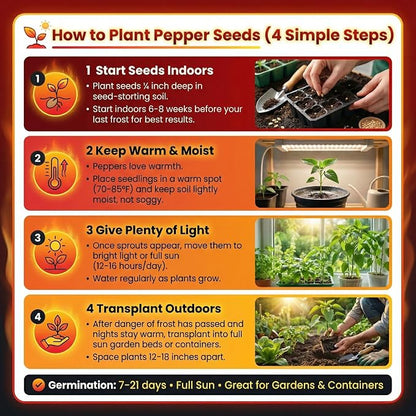 Hot Pepper Seeds for Planting, Cayenne, Hungarian Yellow, Jalapeno, Serrano, Habanero Orange, Heirloom Pepper Seeds Variety Pack, NonGMO, Made in USA