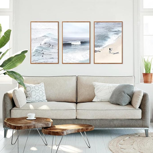 CHDITB Coastal Surfing Framed Canvas Wall Art Set, Ocean Wave Wall Decor, Beach Surfer Artwork, Summer Beachy Painting for Bedroom Dining Room Bathroom Office Decoration 16"x24"X3