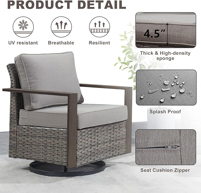 Rilyson Outdoor Wicker Patio Furniture Set - 5 Piece Patio Conversation Set with 2 Wicker Swivel Rocker Chairs,2 Rattan Ottoman and 1 Couch,Thick Cushions,Deep Seating,Wide Armrest(Mixed Grey/Grey)