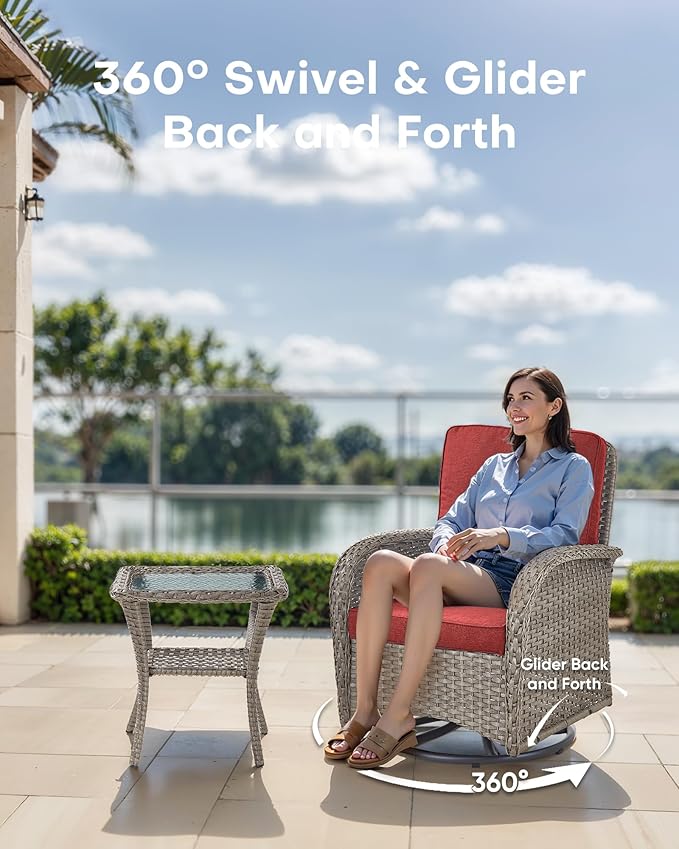 6 Pieces Patio Wicker Furniture Set-Outdoor Swivel Chairs Set of 2 Outdoor Glider Love seat with Outdoor Footstool Patio Furniture for Deck Porch Garden Balcony Poolside-Grey/Red