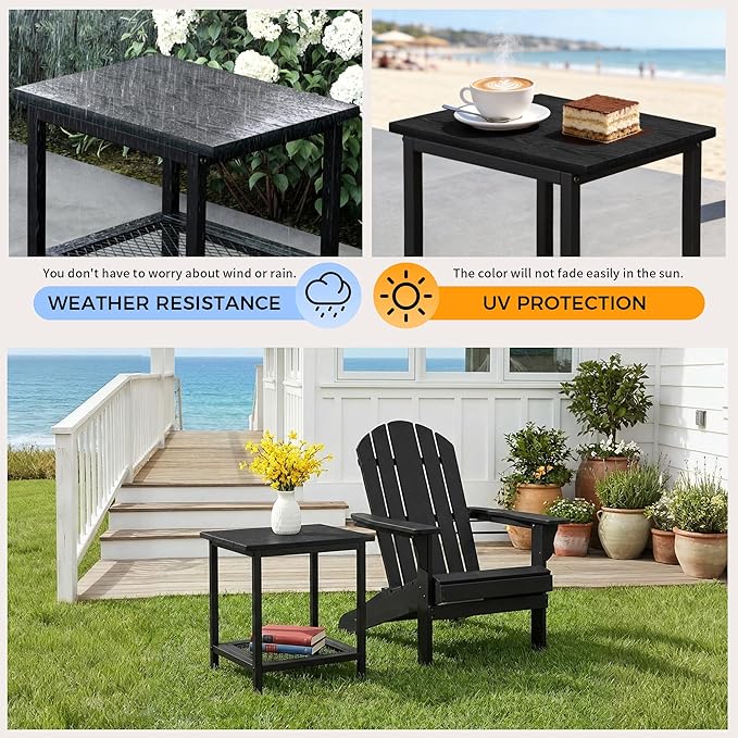 2-Tier Outdoor Side Table with Storage, Weather Resistant Patio End Table, HDPS Small Accent Table for Deck, Garden, Pool, Backyard, Black 2pcs