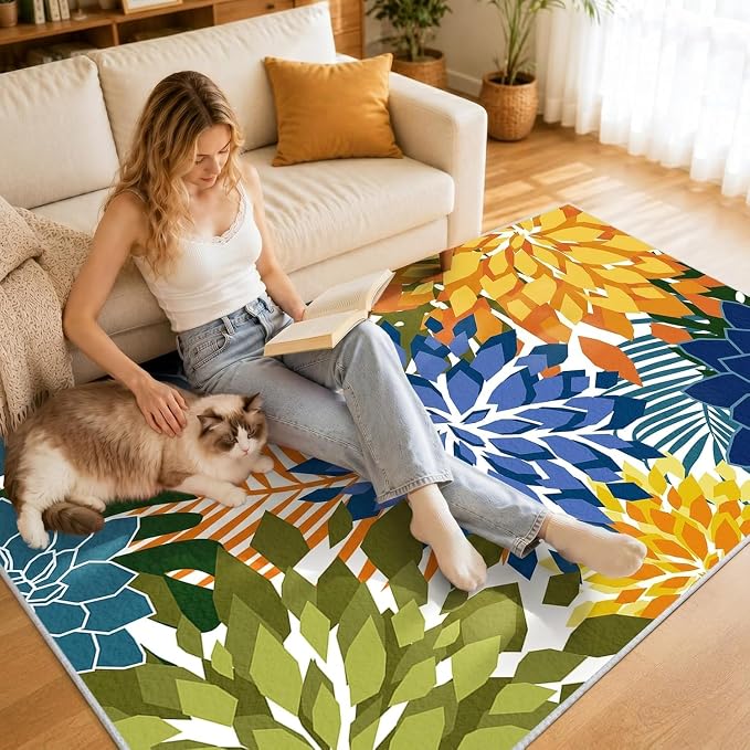 ZonLi Colorful Outdoor Rug 9x12Ft Waterproof Multicolored Indoor Area Rug Washable Outdoor Patio Rugs Tropical Floral Non Slip Outdoor Carpet for Living Room, Pool,Backyard,Deck,Camping