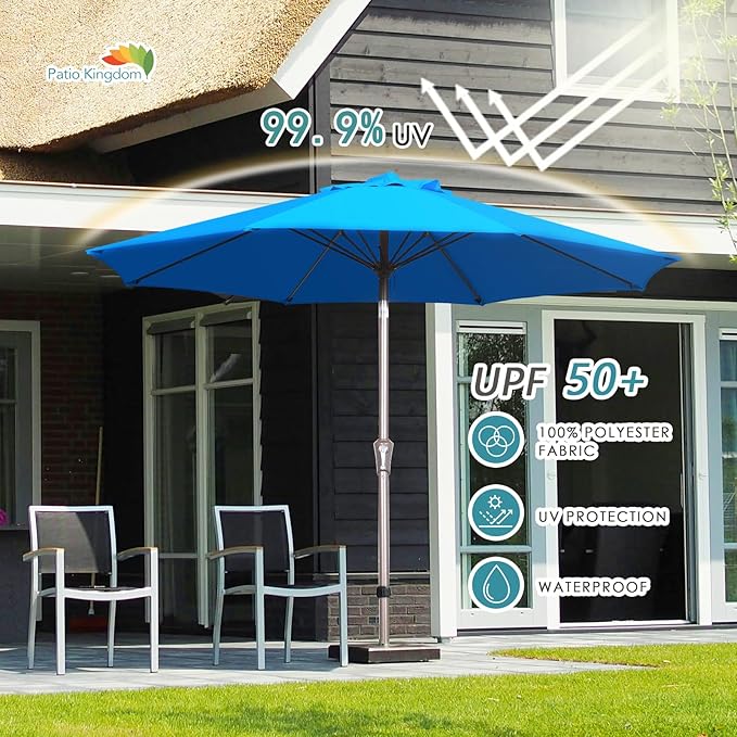PatioKingdom 9FT Patio Outdoor Umbrella-UPF 50+ Sun Shade with Wind Vent, Push-Button Tilt & Smooth Crank Lift, Rust-Resistant Fiberglass Frame for Garden, Backyard,Yard (Royal Blue, 9FT)