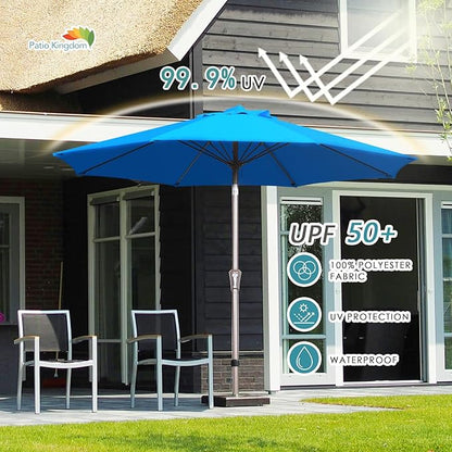 PatioKingdom 9FT Patio Outdoor Umbrella-UPF 50+ Sun Shade with Wind Vent, Push-Button Tilt & Smooth Crank Lift, Rust-Resistant Fiberglass Frame for Garden, Backyard,Yard (Royal Blue, 9FT)