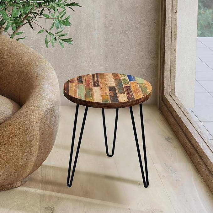 Multi Color Side Table 17.5" x 17.5" x 20" H Accent Reclaimed Wood Coffee Tables Vintage Round Rustic Plant Stand Outdoor Patio End Tables Living Room Bedroom