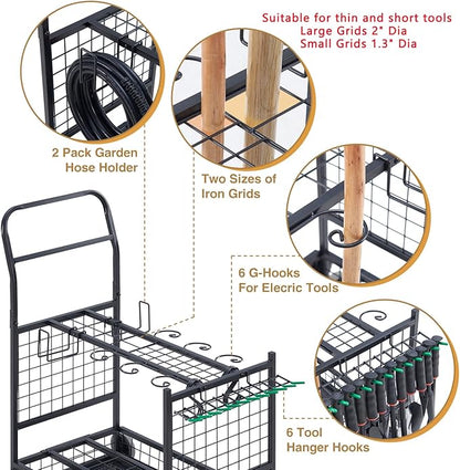 Lauren&Harold Garden Tool Organizer with 2 Stair-Climbing Wheels for Garage Storage, Garden Tool Rack, Up to 35 Long-Handled Tools, Rakes/Shovels/Yard Tools Storage Stand for Shed, Lawn and Outdoor