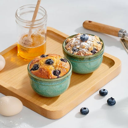 Henten Home 6 oz Ramekins Set Oven Safe, Ceramic Creme Brulee Ramekins Set of 2, Baking Cups for Pudding, Souffle, Ice Cream, Snack, Dipping (Green)