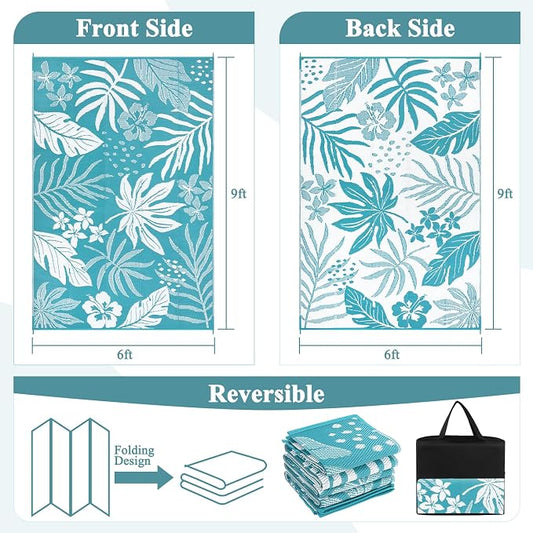 Pauwer Waterproof Outdoor Rug 6x9, Reversible Plastic Straw Patio Camping Rug, Indoor Outdoor RV Mat Carpet for Deck, Camper, Porch, Balcony, Backyard, Picnic, Floral Teal