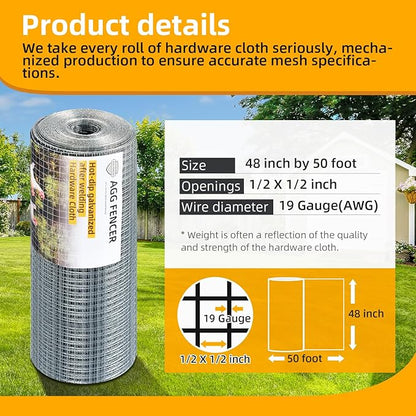 Hardware Cloth 1/2 inch 48 x 50ft Chicken Wire Fencing 19Ga, Hot Dipped Galvanized After Welding Garden Plant Supports Welded Metal Chicken Wire Fence, Poultry Animal Netting Cage Screen