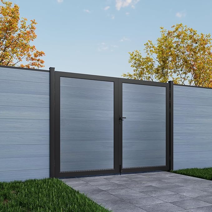 Wood Plastic Privacy Double Fence Gate 6ft(H) x 8ft(W), Metal Frame with Knob Kits, Durable Composite Outdoor Gate,Gray