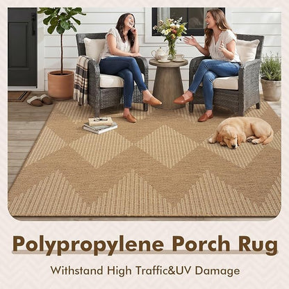 MontVoo-3x5 Outdoor Rug Porch Entryway Rug-Polypropylene Indoor Outdoor Rugs for Entryway Kitchen Balcony Patio, Textured Weave, Durable, Fade-Resistant, Non-Shedding, Boho Geometric Neutral Brown