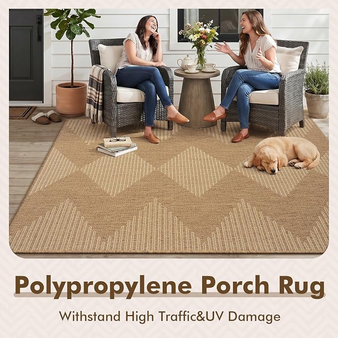MontVoo-Outdoor Rug Carpet Patio Rug 4x6 ft Polypropylene Indoor Outdoor Rugs for Patio Deck Balcony Porch, Textured Weave, Durable for High Traffic, Fade-Resistant, Boho Geometric Neutral Brown