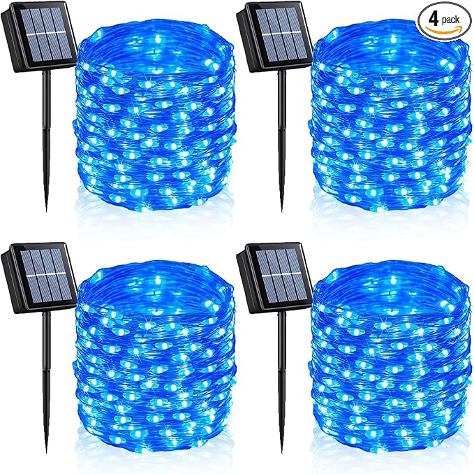 YEGUO 4 Pack Blue Solar Fairy Lights, Each 33ft 100 LED Christmas Lights Outdoor Waterproof, 8 Modes Sliver Wire Solar String Lights