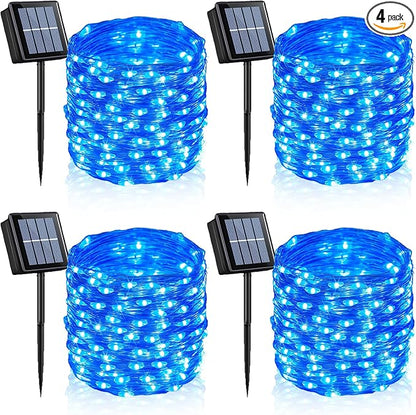 YEGUO 4 Pack Blue Solar Fairy Lights, Each 33ft 100 LED Christmas Lights Outdoor Waterproof, 8 Modes Sliver Wire Solar String Lights
