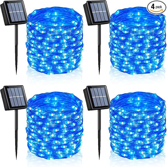 YEGUO 4 Pack Blue Solar Fairy Lights, Each 33ft 100 LED Christmas Lights Outdoor Waterproof, 8 Modes Sliver Wire Solar String Lights