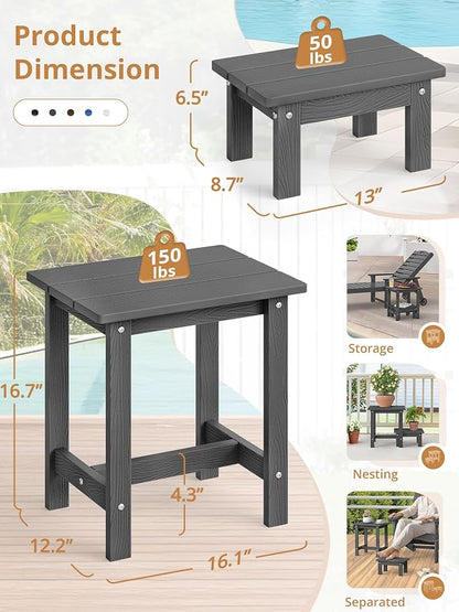 LUE BONA Outdoor Side Table, 2-Tier HDPS Outdoor Nesting End Table with Removable Small Foot Stool for Patio, Deck, Poolside, Low Maintenance & Weather Resistant,Dark Gray
