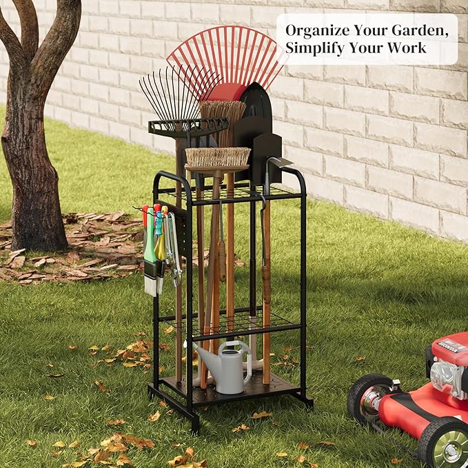 Garden Tool Organizer with Hooks Yard Tool Rack Heavy Duty Steel Yard Tool Organizer and Garden Storage Holder Broom Holder for Shed, Patio, Outdoor Indoor