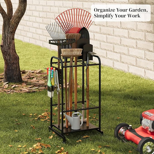 Garden Tool Organizer with Hooks Yard Tool Rack Heavy Duty Steel Yard Tool Organizer and Garden Storage Holder Broom Holder for Shed, Patio, Outdoor Indoor
