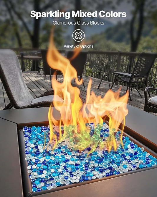 VEVOR Fire Glass, 10LBS / 4.5KG Smokeless & Fireplace Rocks, 3/4-Inch / 19.05 mm Reflective Firepit Glass Beads, High Luster Stone Landscaping for Fire Pit Table, Cobalt Blue + Caribbean Blue + Clear