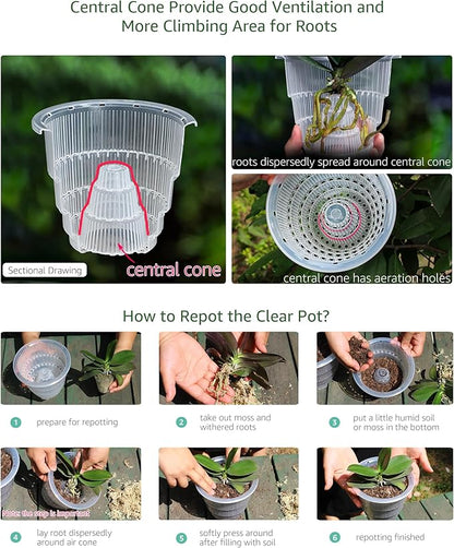 6 inch Orchid Pots with Holes for Repotting with Excellent Airflow, Set of 2, Double Layer Plastic Imitate Ceramic Orchid Planter, Clear Orchid Pot Match Decorative Orchid Container