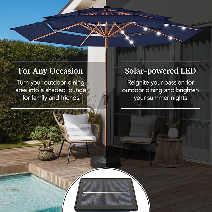 Best Choice Products 10ft 3-Tier Solar Patio Market Umbrella, Outdoor Sun Shade for Backyard, Deck, Poolside, Table w/Woodgrain Pattern, LED Lights, Tilt Adjustment - Navy Blue