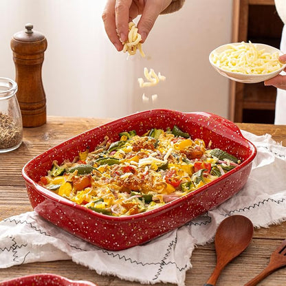3-Pack Ceramic Lasagna Pan,Heavy-Duty Rectangular Baking Dishes, High Heat Resistant Oven-Safe Stoneware Casserole with Handles,Home Baking,Speckle Series(13.8''/12''/9.6'' Red)