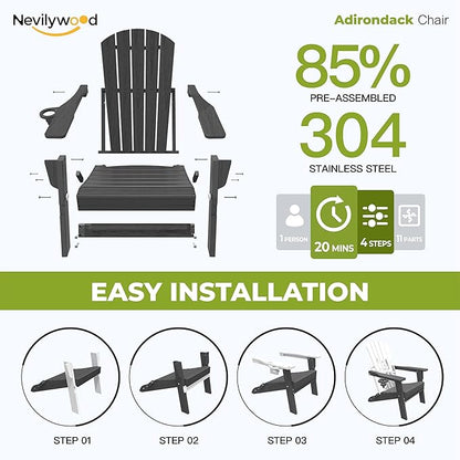 nevilywood Folding Adirondack Chair, Ergonomic Extended Backrest, HDPE All-Weather, 380lbs Capacity, Maintenance-Free, Cup Holder, （Black）- Outdoor Patio & Firepit Chair