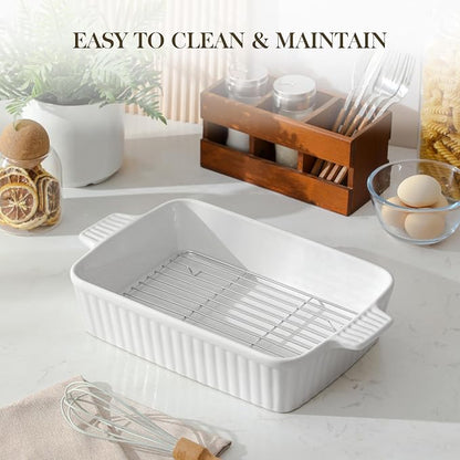 MALACASA 4.4 QT Baking Dish with Rack, 9x13 Large Casserole Dish for Oven, Ceramic Baking Pan with Rack, Rectangular Lasagna Pan Deep with Handles for Baking, Durable Microwave Oven Safe, White